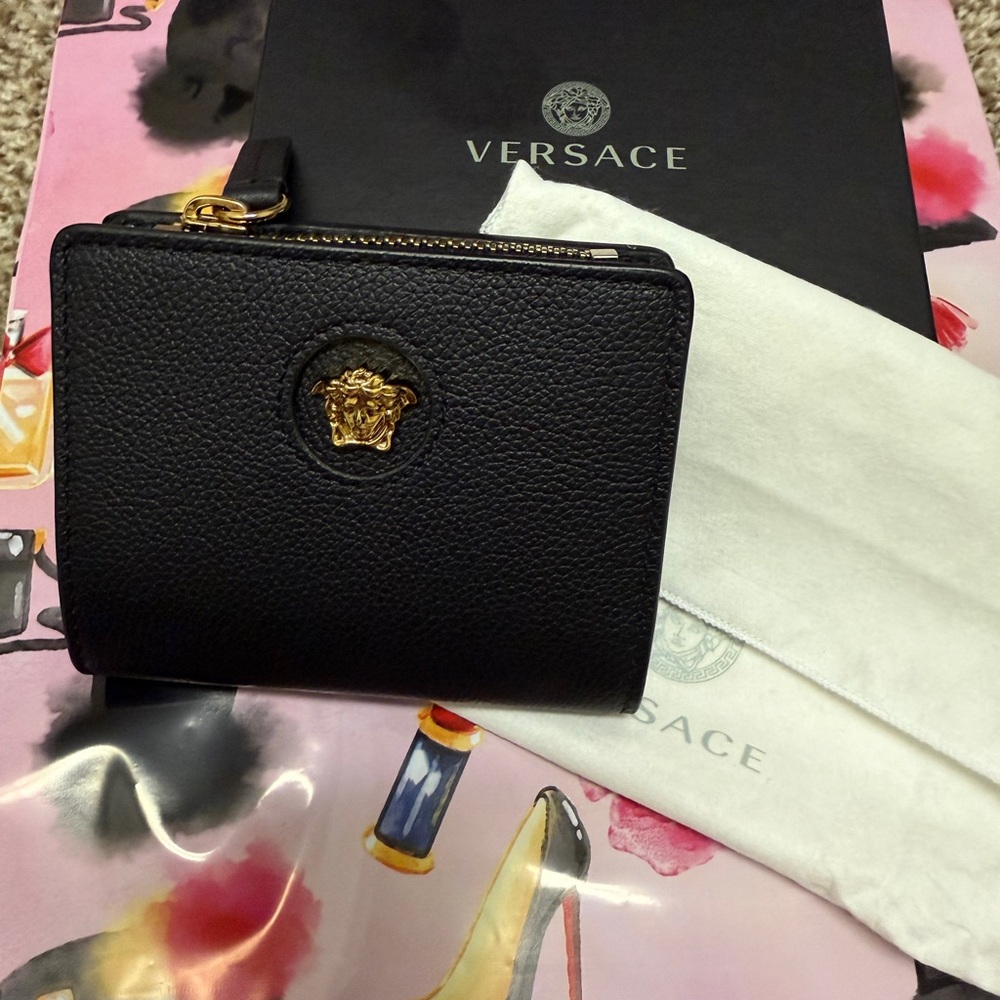 Versace Black Leather Compact Wallet